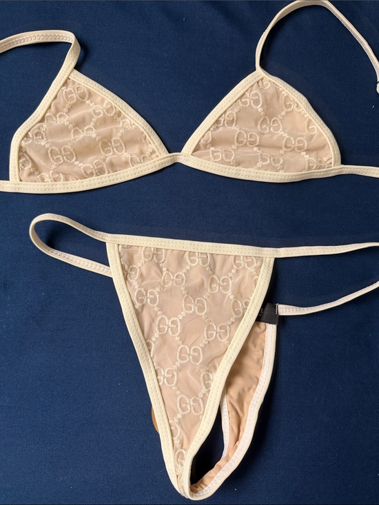 Gg Other - G*ucci Beige Cream GG Embroidered Triangle Bikini Set